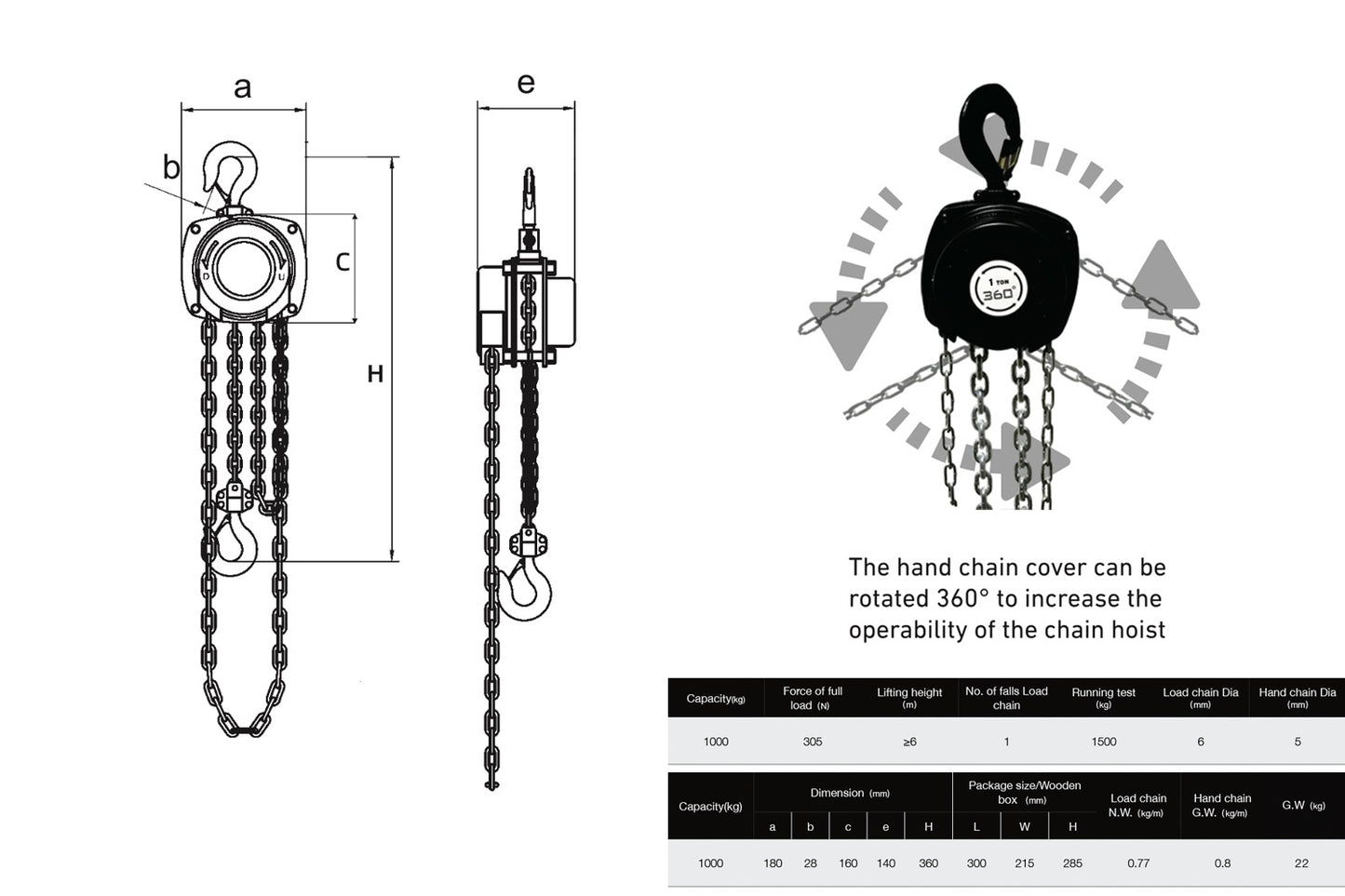 JDP-MAN1T8-360 - Manual Chain Hoist, 360° movement