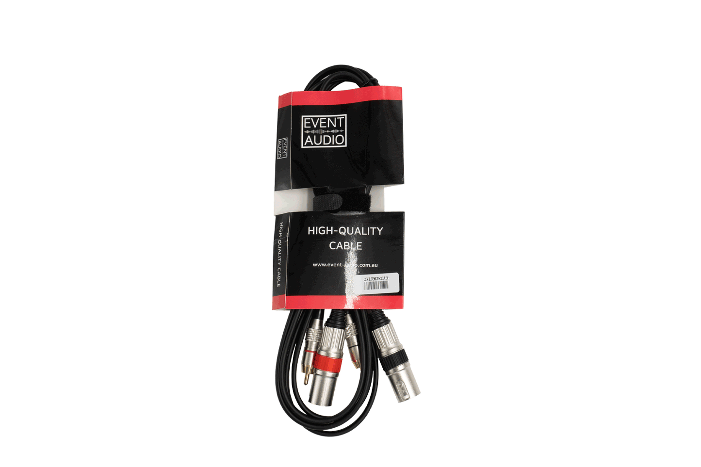 Event Audio 2XLRM2RCA3 - 3m 2x XLR 3 Pin Male to 2x RCA Male Signal Lead - Red and Black Ring packaged product 