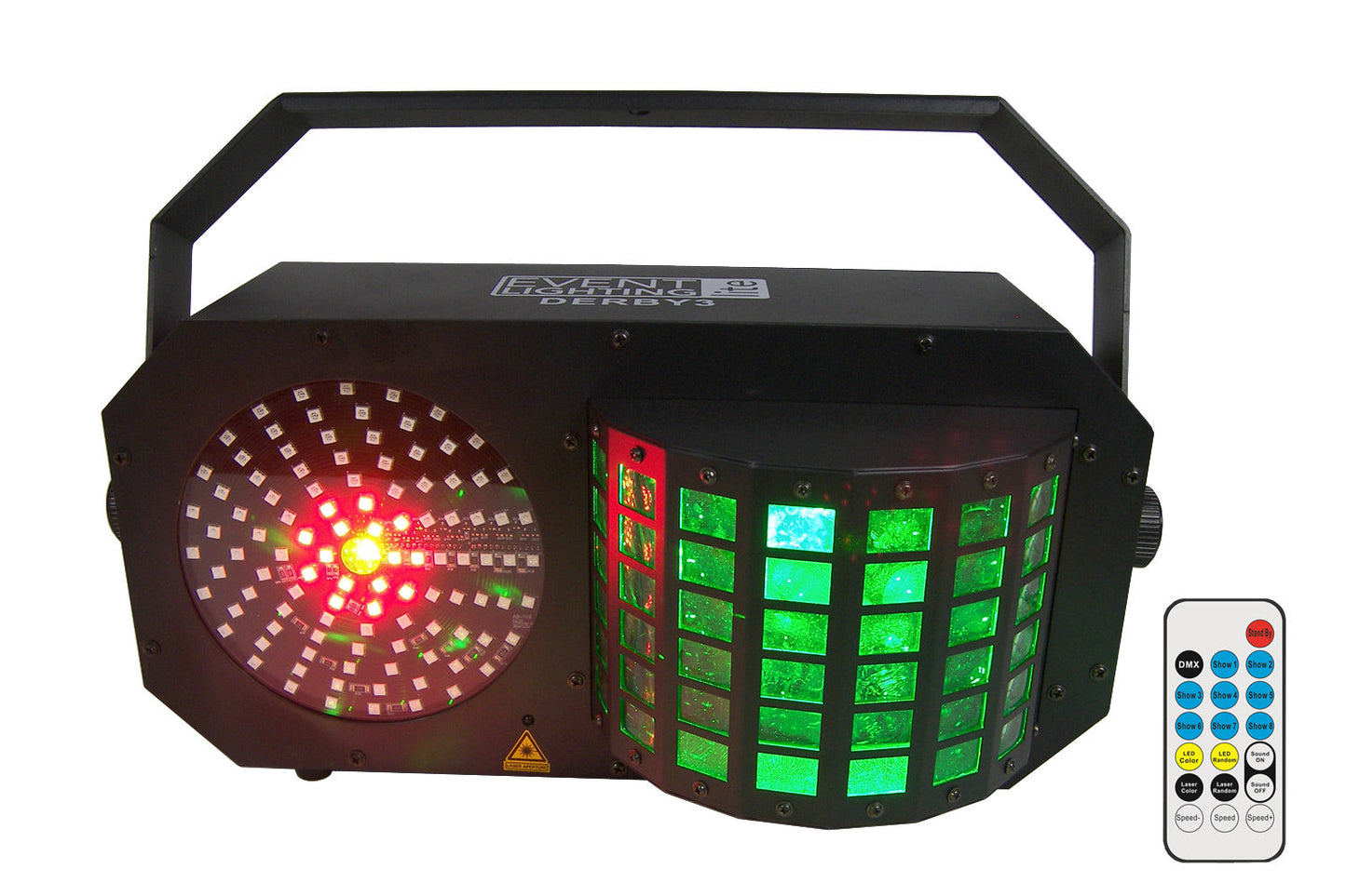 DERBY3 - 3-in-1 Lighting Effect: Derby, LED Strobe and flood light and RGB Laser