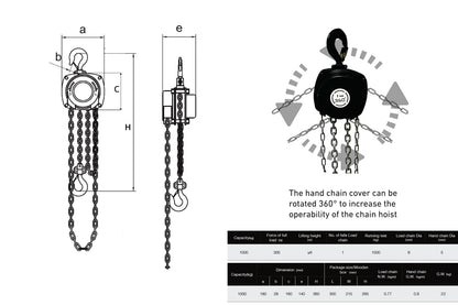 JDP-MAN1T8-360 - Manual Chain Hoist, 360° movement