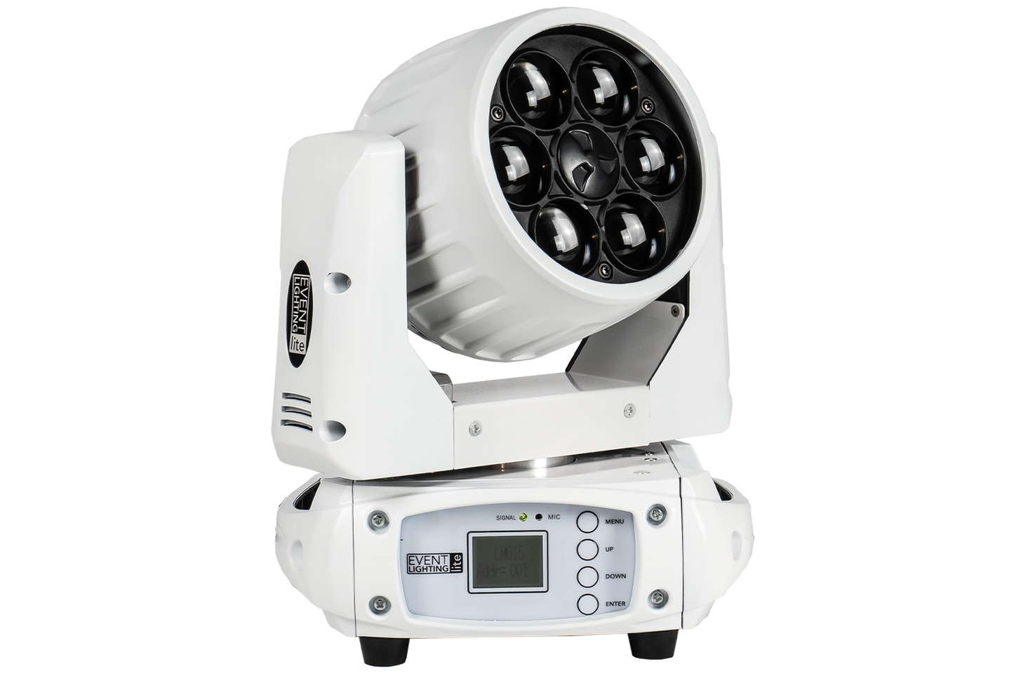 Event Lighting Lite LM6X15W 6x 15W LED RGBW Zoom Wash Moving Head (White Chassis) front side off view