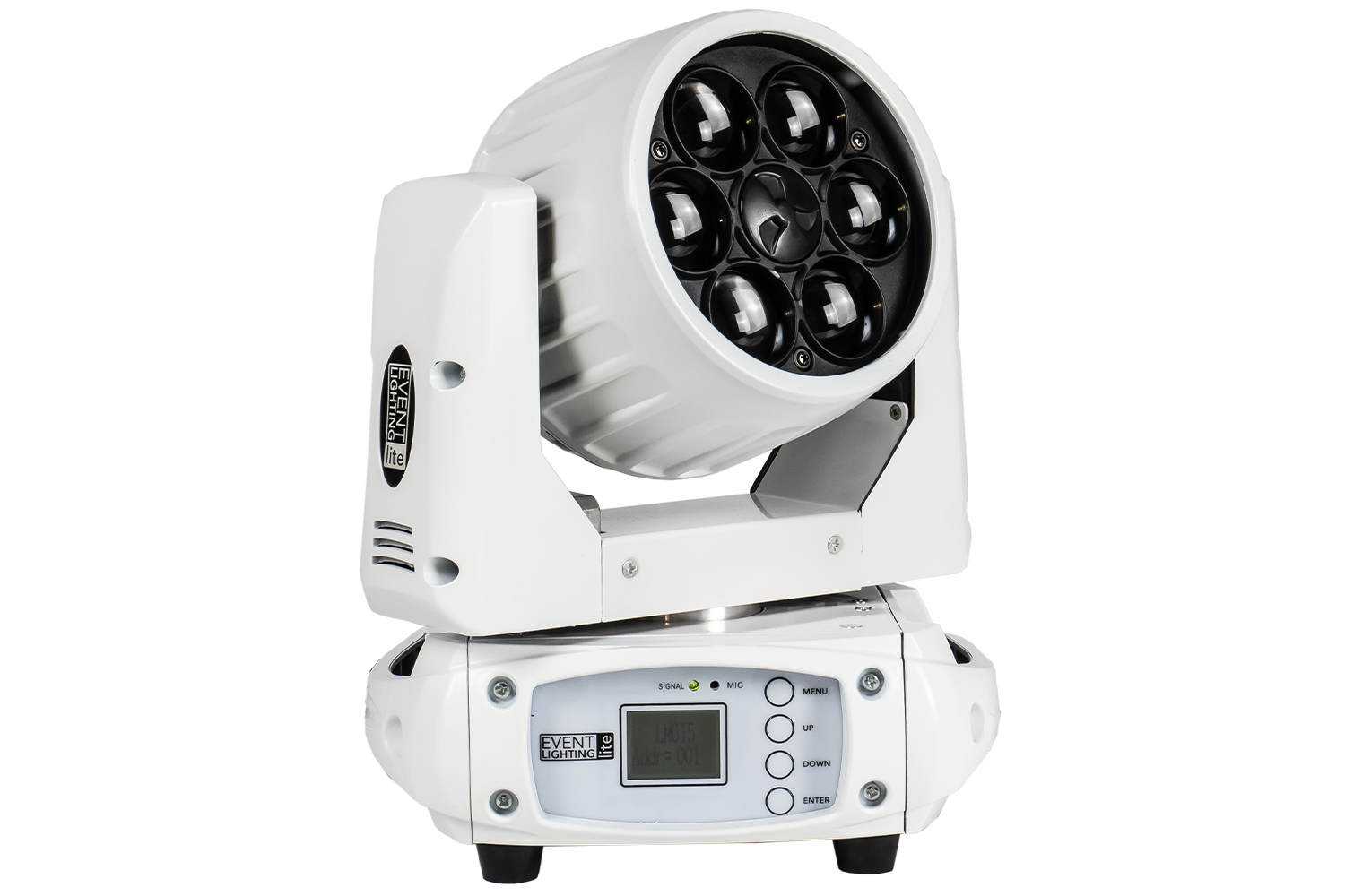 Event Lighting Lite LM6X15W 6x 15W LED RGBW Zoom Wash Moving Head (White Chassis) front side off view