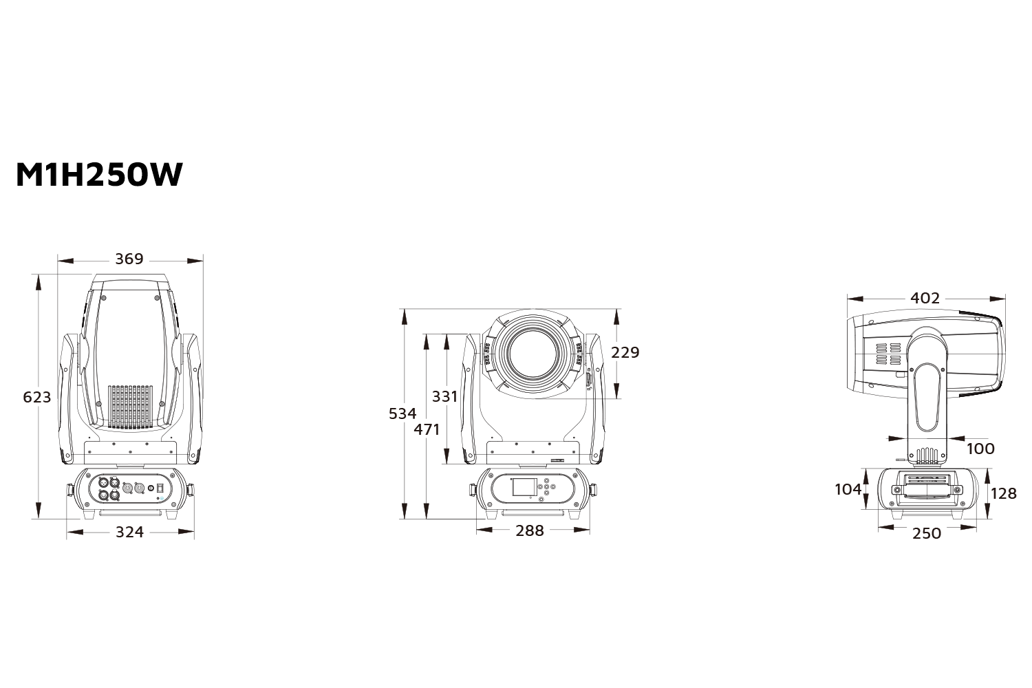 Event Lighting M1H250W hybrid moving head line drawing