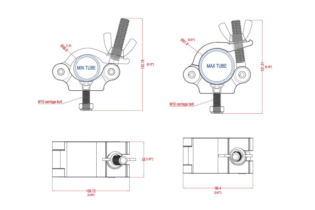 CLAMPP50WS  - Aluminium Pipe Clamp (Suits 38-51mm) - Silver